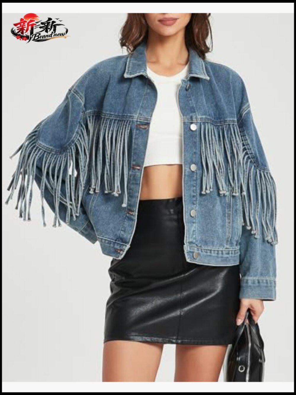 Oversized Fringed Denim Jacket Tassel Long Sleeve Western Concert Outfits - Picture 4 of 6